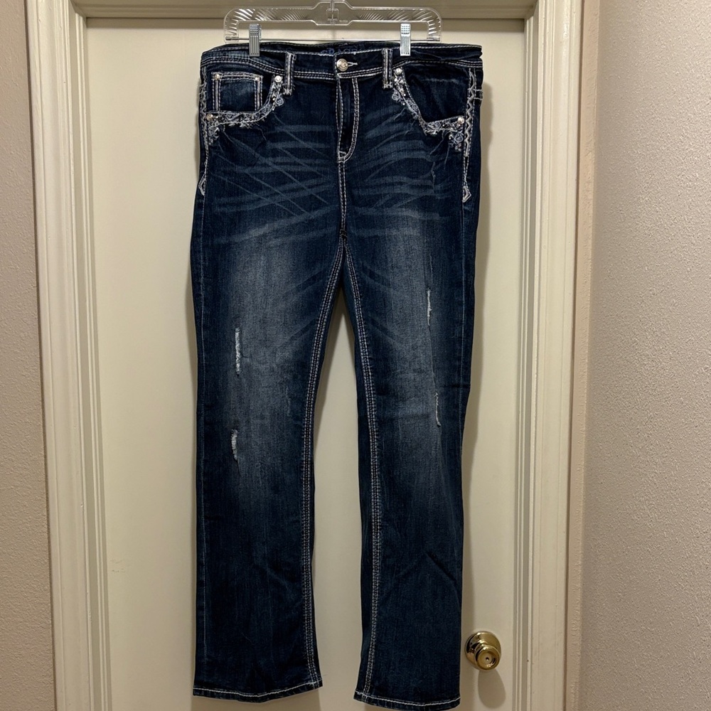 Grace in LA Dark Wash Boot Cut Jeans with Embellished Pockets